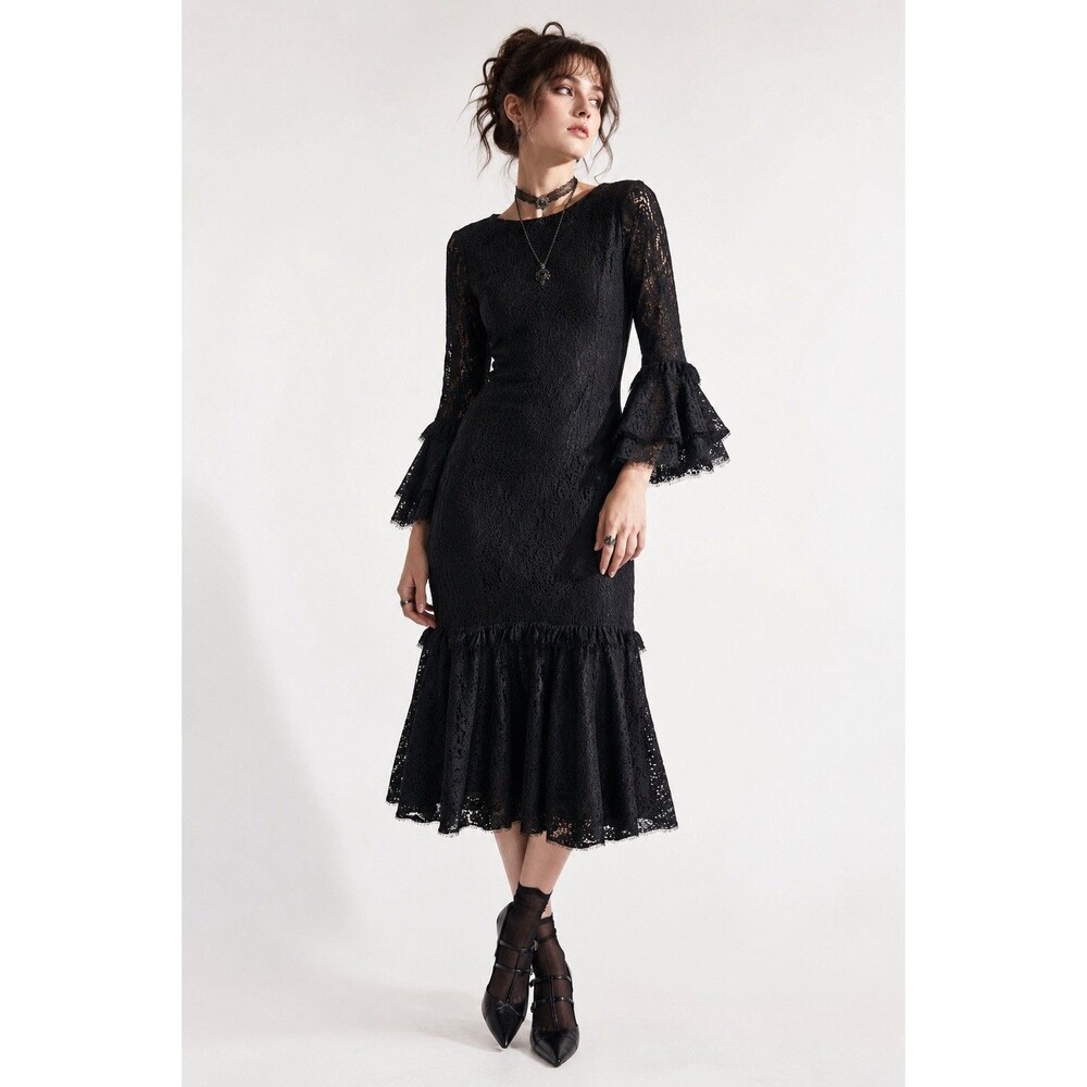 Black Lace Whimsigoth Gothic Romantic Witchy Bell Sleeve Midi Dress XS Boho